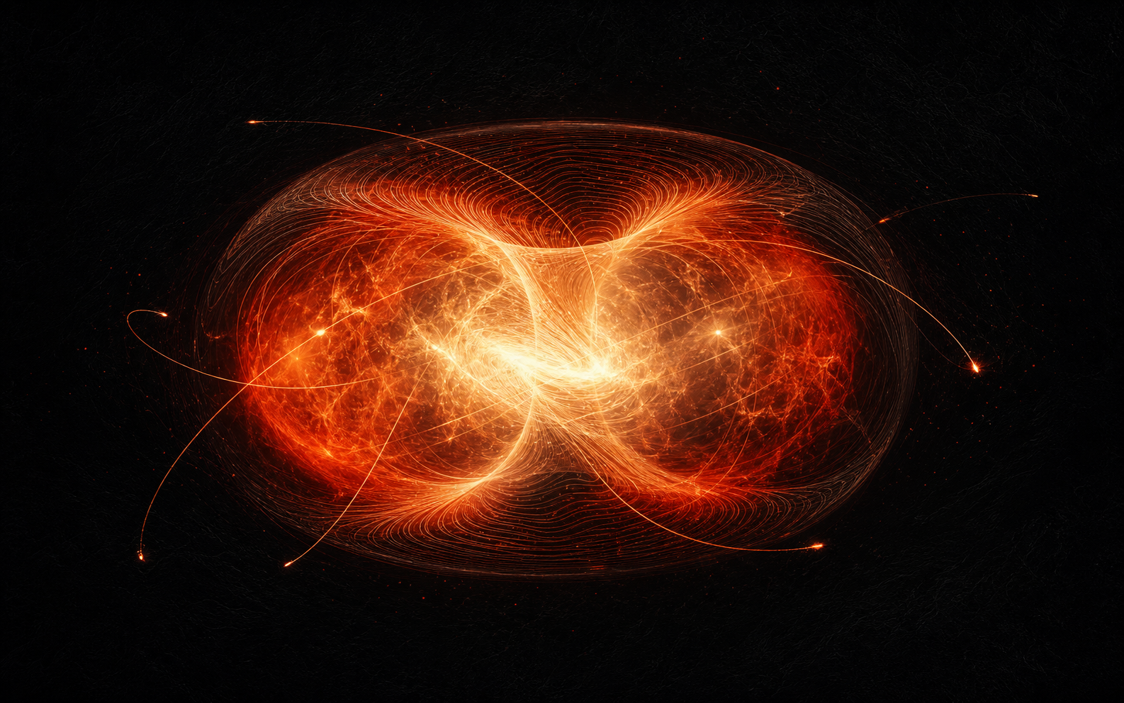 Abstract plasma contours and particle trajectories used to represent physical inquiry