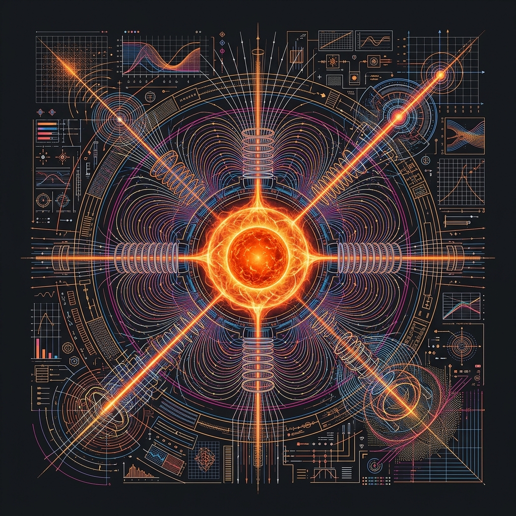 Illustrative fusion research field visualisation with a luminous central plasma and surrounding diagnostic plots