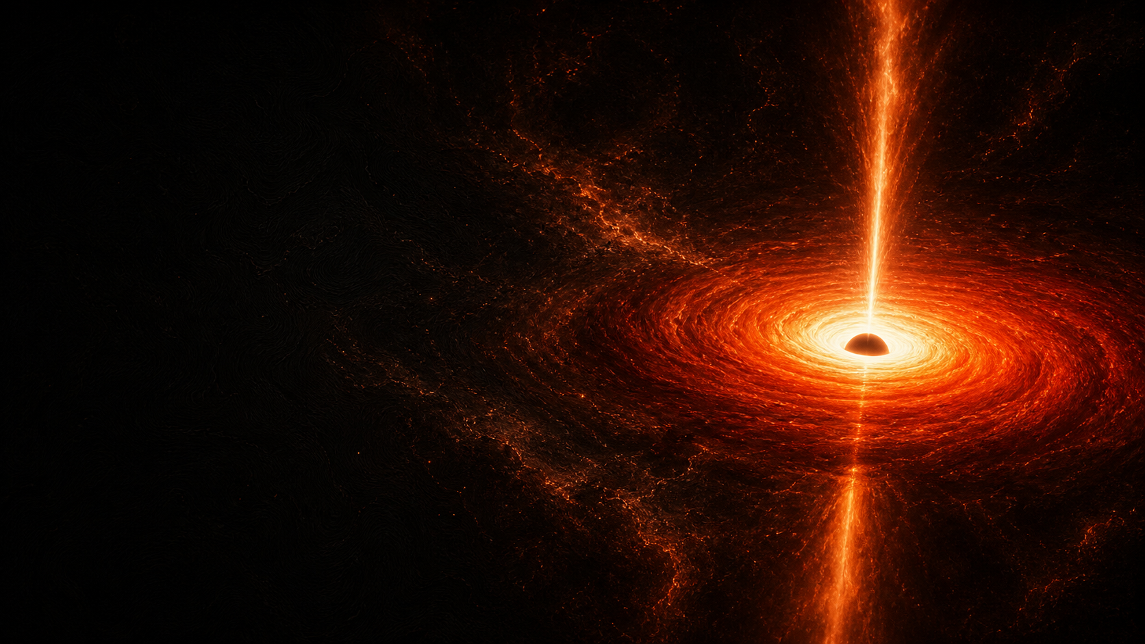 Stylised scientific visualisation of a brilliant quasar powered by a supermassive black hole at a galactic centre